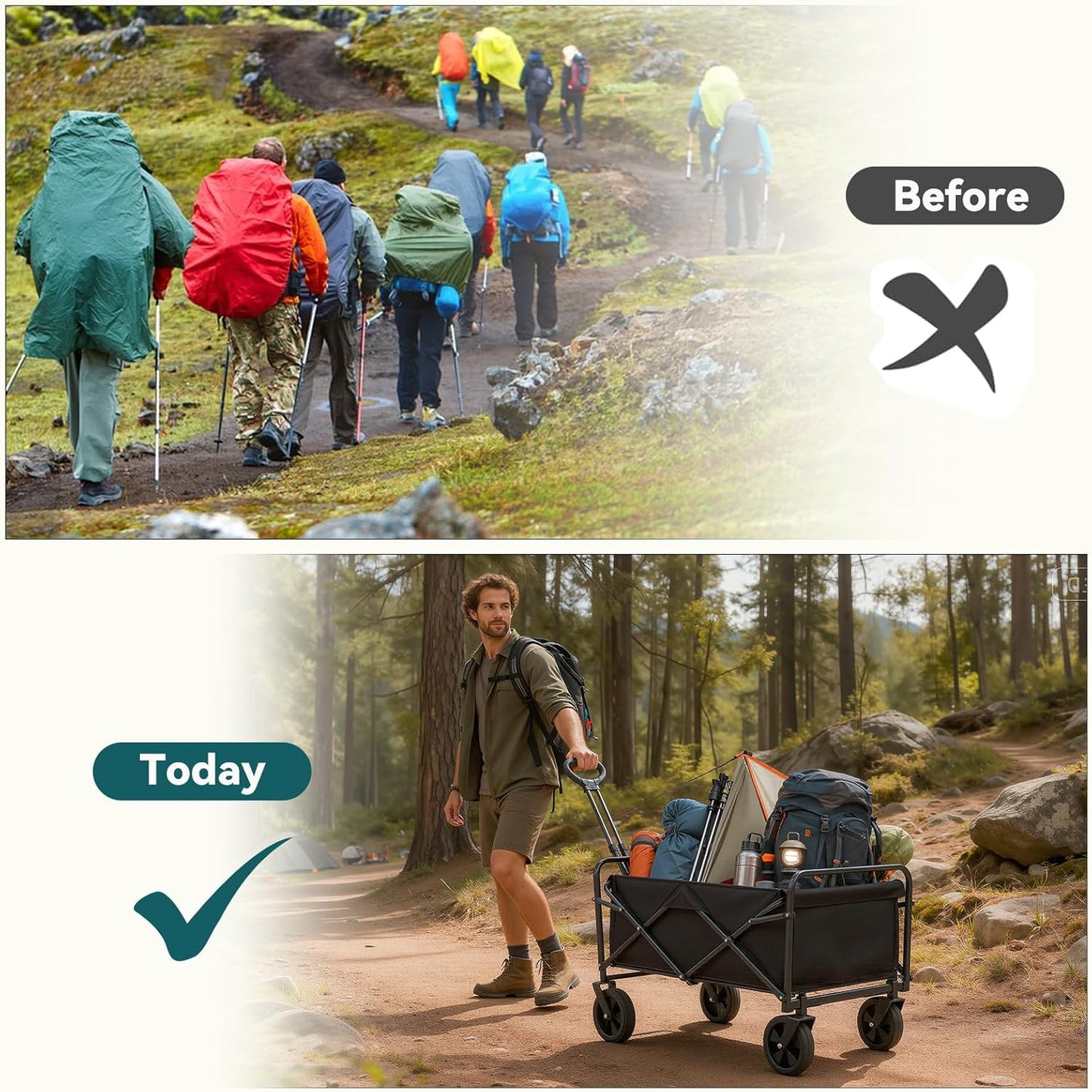 Collapsible Folding Wagon, Outdoor Utility Wagon, Adjustable Beach Wagon Cart with All-Terrain Big Wheels, Shopping Cart for Camping, Sports, Beach & Shopping