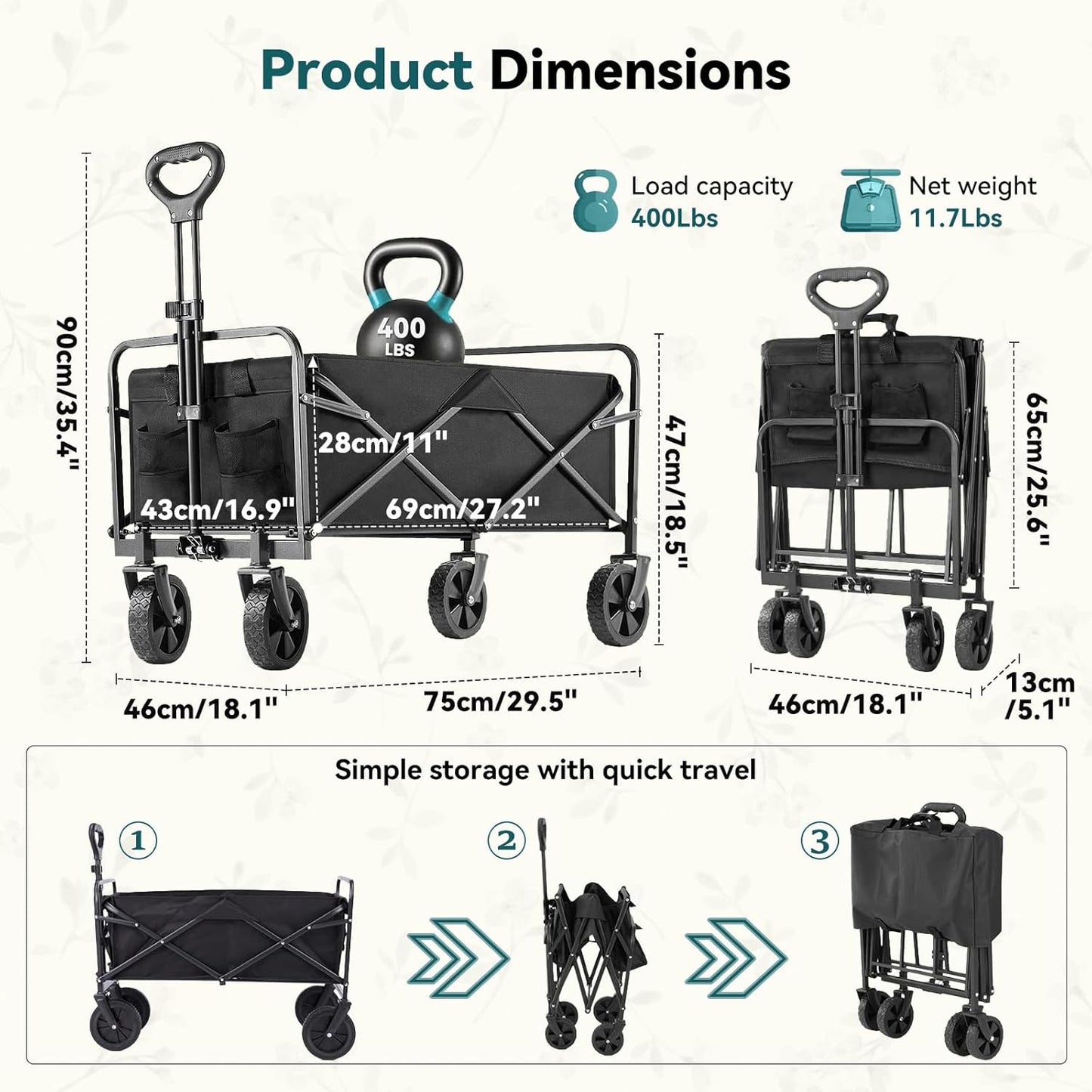 Collapsible Folding Wagon, Outdoor Utility Wagon, Adjustable Beach Wagon Cart with All-Terrain Big Wheels, Shopping Cart for Camping, Sports, Beach & Shopping