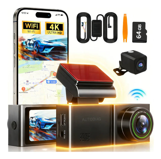 Autodiag® 4k Camara Para Auto Dash Cam Ultra Hd Con Visión Nocturna Wifi Gps, Lente Ultra Gran Angular, Vigilancia De Estacionamiento(equipado Con Línea De Alimentación Dedicada), Tarjeta 64g