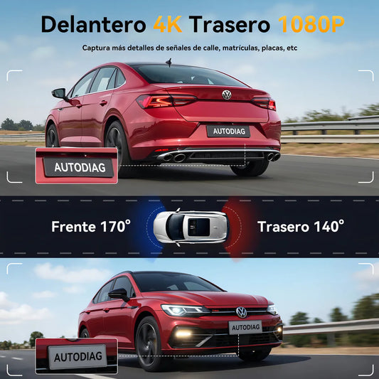 Autodiag® 4k Camara Para Auto Dash Cam Ultra Hd Con Visión Nocturna Wifi Gps, Lente Ultra Gran Angular, Vigilancia De Estacionamiento(equipado Con Línea De Alimentación Dedicada), Tarjeta 64g