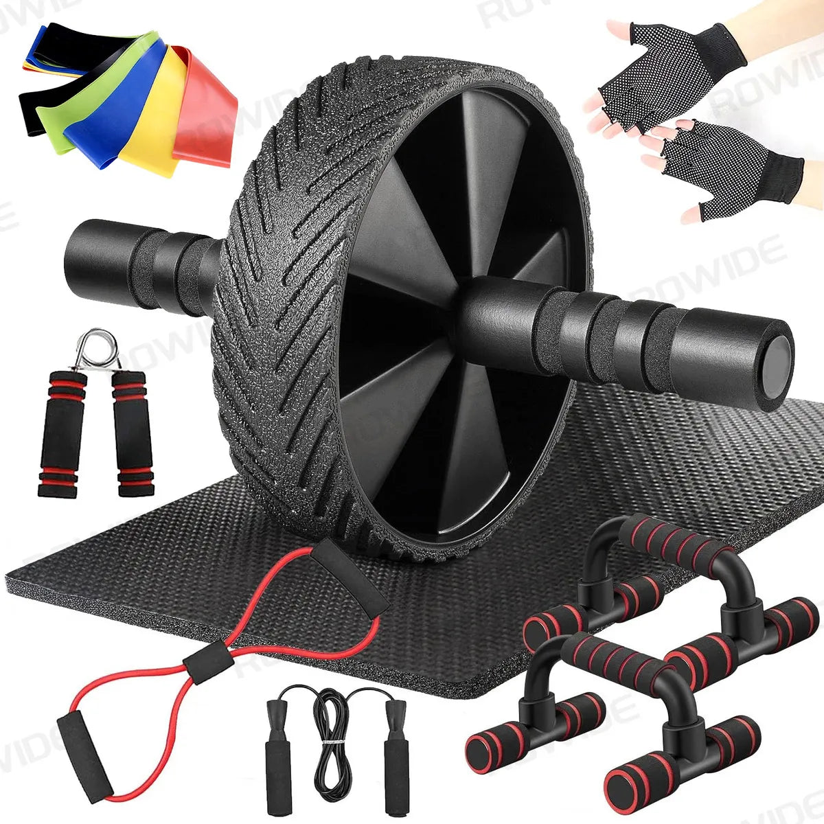 Rowide® Kit De Ejercicio Rueda Para Abdomen Gimnasio Push Up Yoga Deportes Fitness Con Cuerda Elástica y Cuerda para Saltar 12Pcs