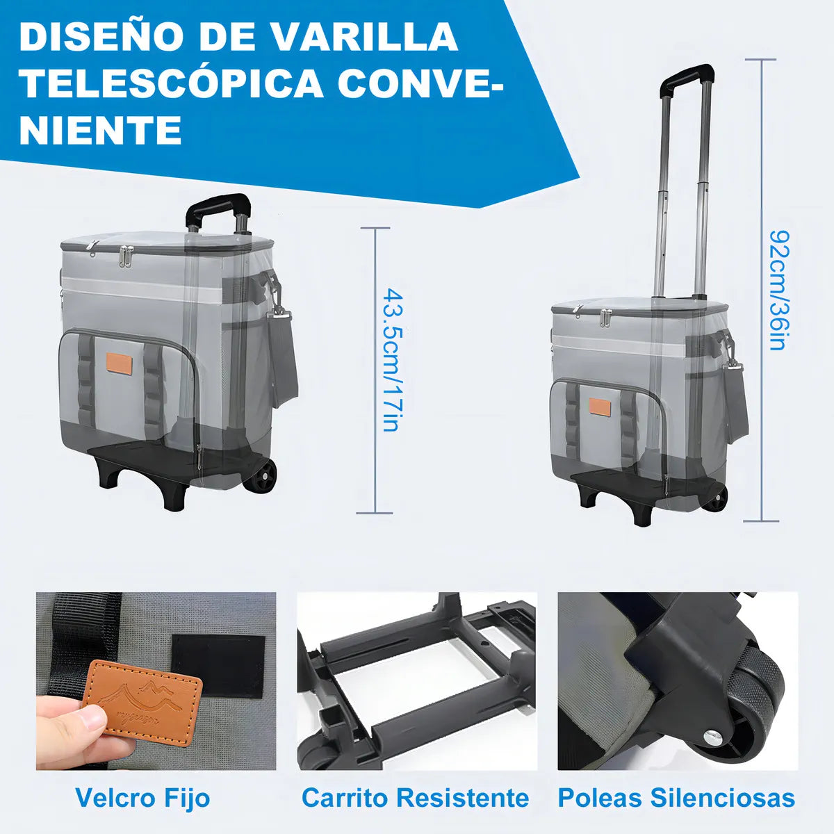 ROWIDE® Mochila 60Latas Playa Adecuado paraSenderismo Camping Bolsa Viajes por Carretera y Picnics Al Aire Libre Hielera Ruedas Térmica Bolsa E Impermeable De Portátil Hielera Con Ruedas35L