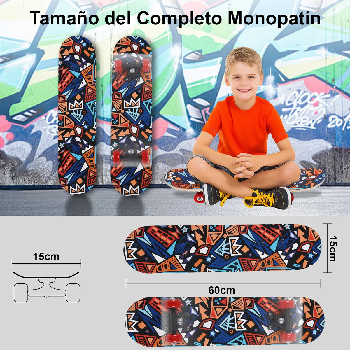 Patineta Skate Vistosa 60cm Estampada Para Niños Madera