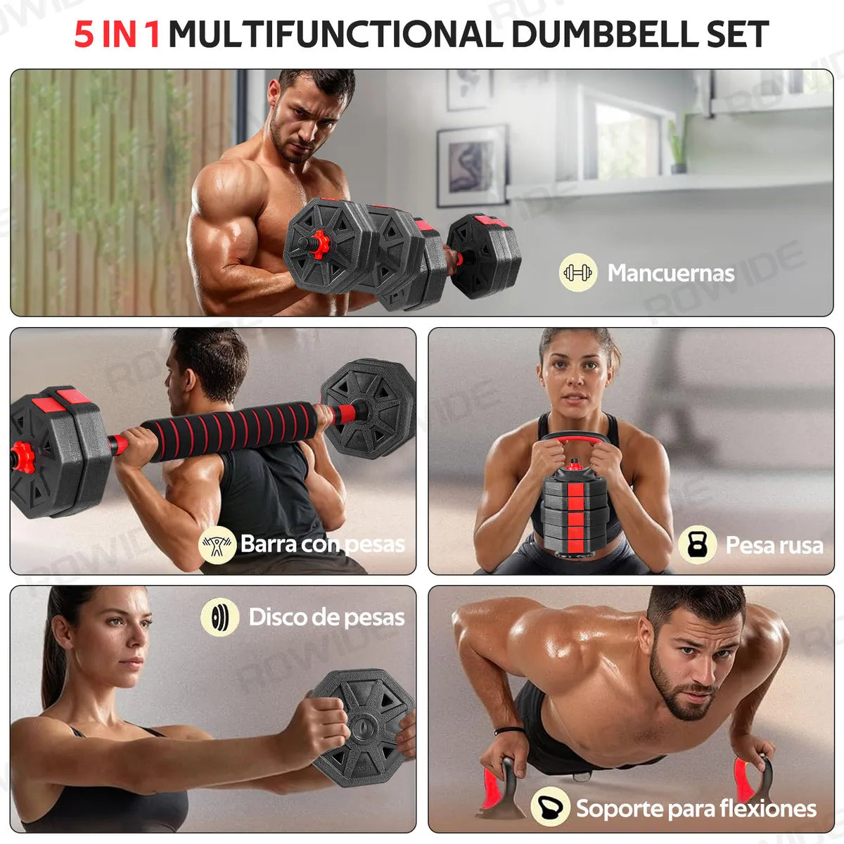 Rowide Juego Mancuernas Ajustables 15 Kg Incluye Barra y Pesas Hexagonales