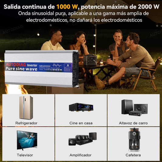Autodiag Inversor De Onda Sinusoidal Pura Pure Power 2000w, múltiples protecciones, puertos AC pantalla digital, ideal para refrigeradores, computadoras y uso en casa o viajes