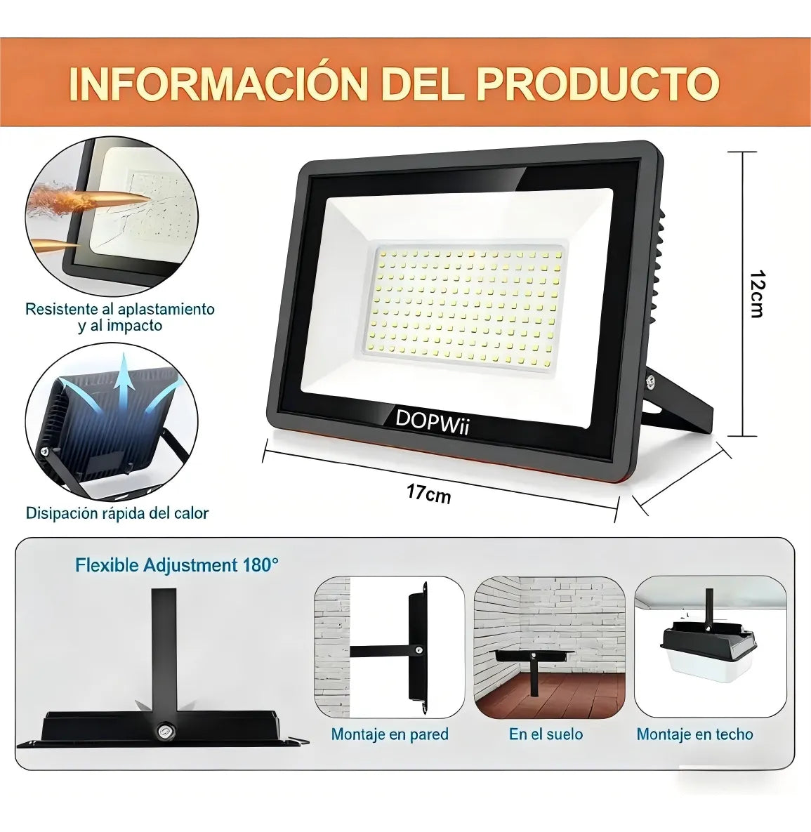 Reflector LED Dopwii 100W Exterior IP66 Luz Blanca Fría 5000K 3 Pzs