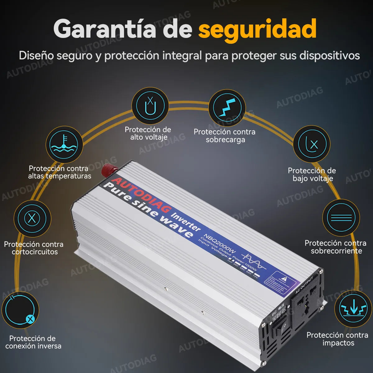 Autodiag Inversor De Onda Sinusoidal Pura Pure Power 2000w, múltiples protecciones, puertos AC pantalla digital, ideal para refrigeradores, computadoras y uso en casa o viajes