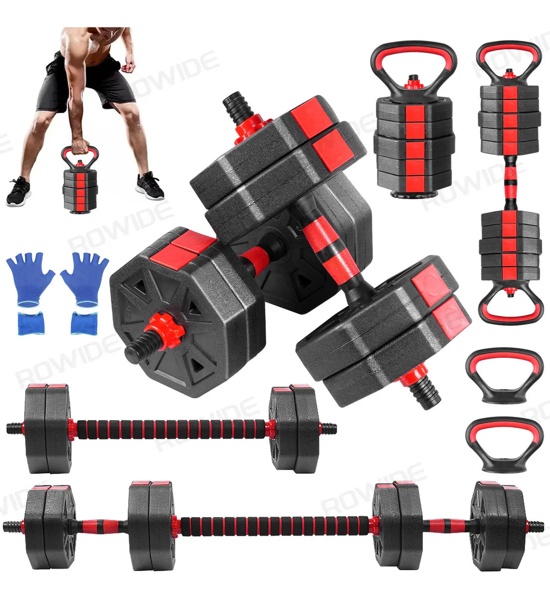 Rowide Juego Mancuernas Ajustables 15 Kg Incluye Barra y Pesas Hexagonales