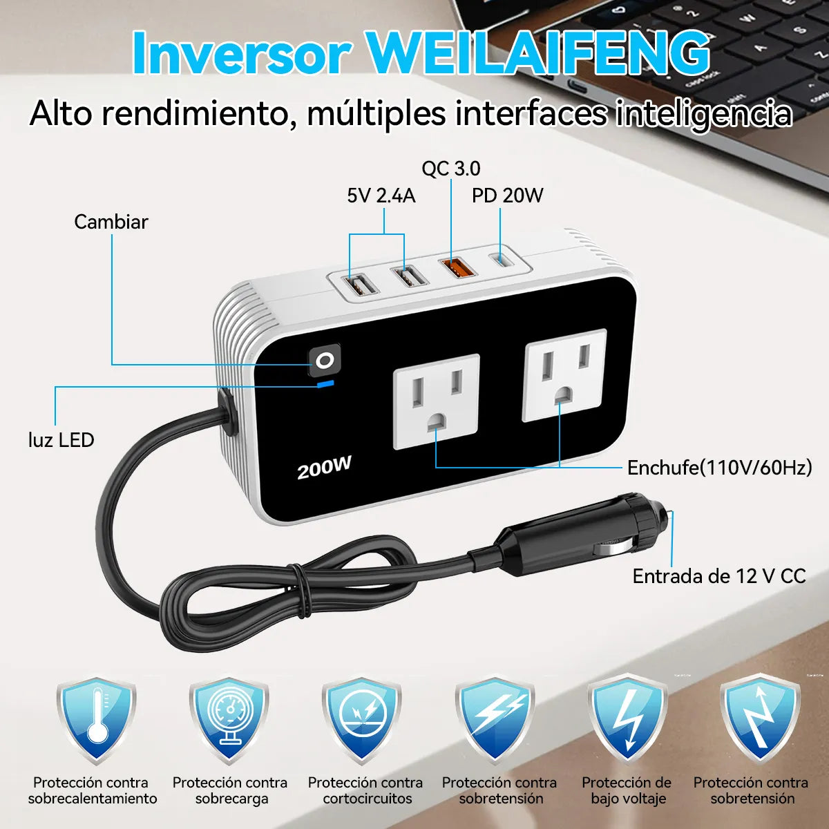 Inversor De Corriente Para Auto De 200w, 12v-110v, Pd 20w