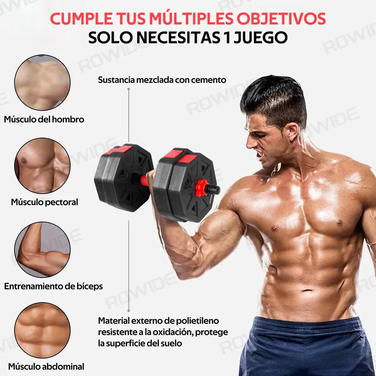 Rowide Juego Mancuernas Ajustables 15 Kg Incluye Barra y Pesas Hexagonales