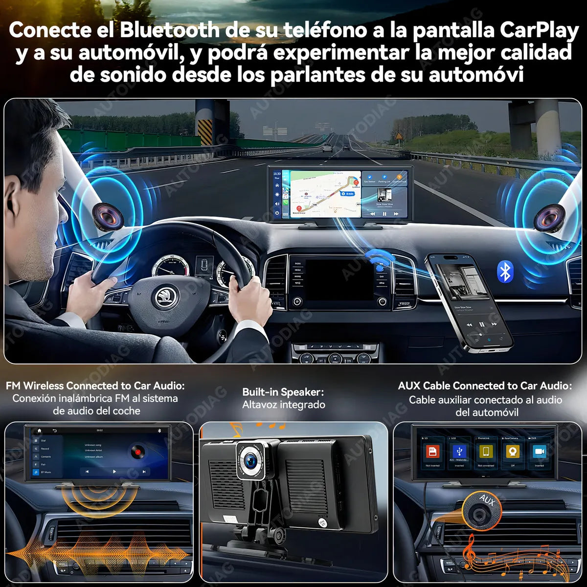 AUTODIAG® Estéreo Coche Portátil Dashcam Cameras, Mirror Link, Carplay