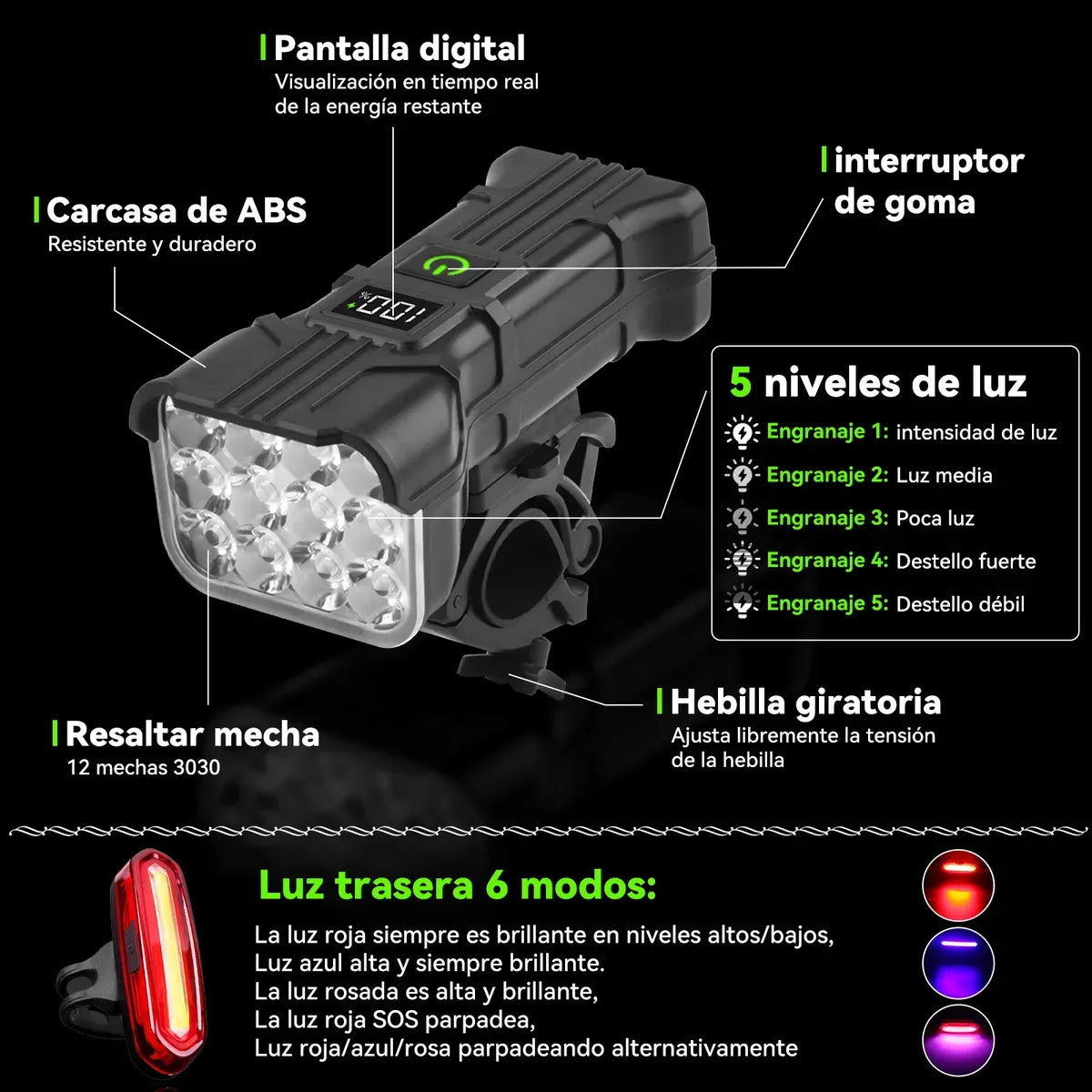 Rowide® Luz Bicicleta Recargable Delantera Traser Y Claxon