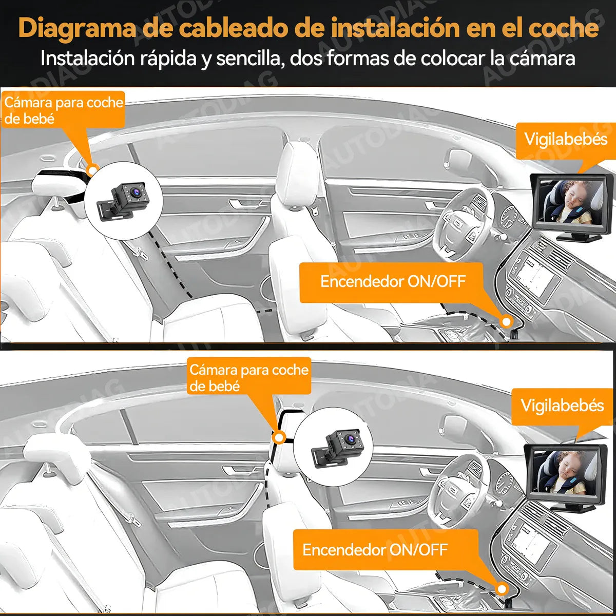 Cámara Coche Bebé Autodiag 1080P HD Visión Nocturna Gran Angular 150°
