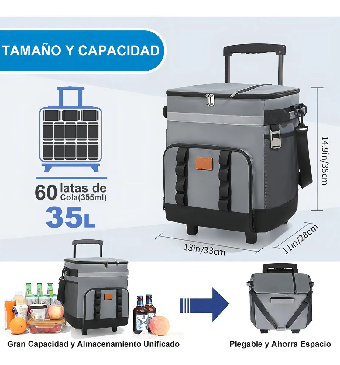 ROWIDE® Mochila 60Latas Playa Adecuado paraSenderismo Camping Bolsa Viajes por Carretera y Picnics Al Aire Libre Hielera Ruedas Térmica Bolsa E Impermeable De Portátil Hielera Con Ruedas35L
