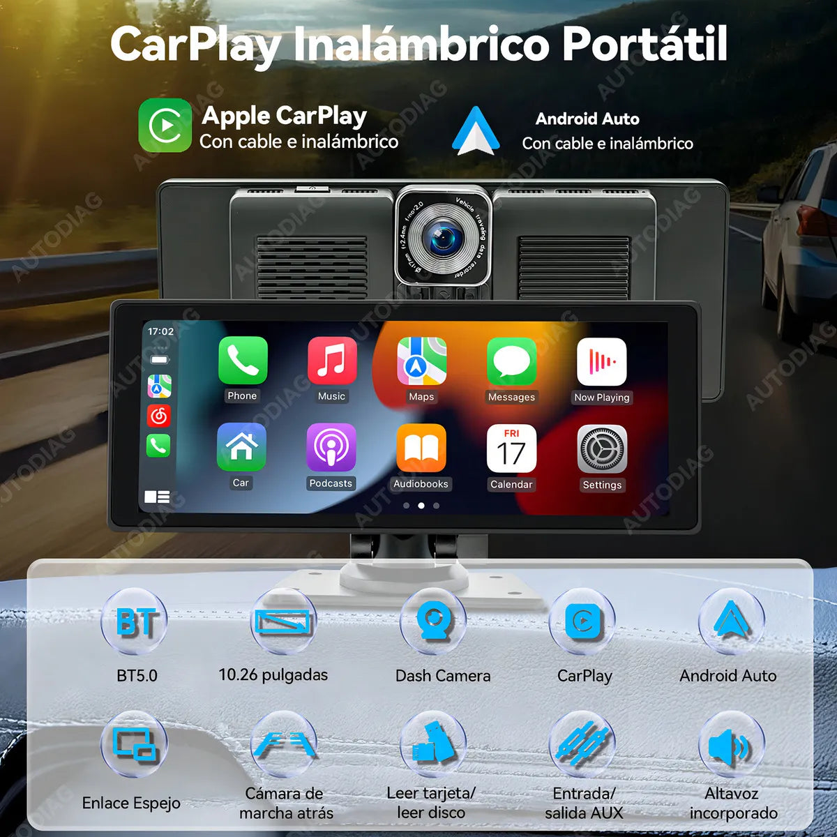 AUTODIAG® Estéreo Coche Portátil Dashcam Cameras, Mirror Link, Carplay