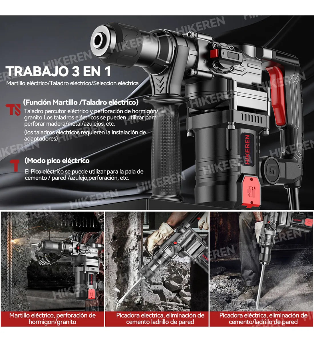 Taladro Rotomartillo Hikeren SDS-Plus 2200W Multifuncional 110V 3300 GPM