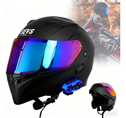 Casco De Moto Negro Casco Abatible Con Auriculares Bluetooth