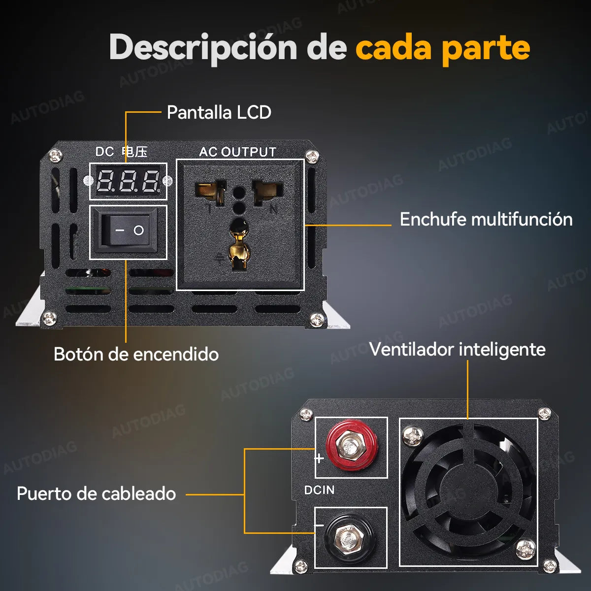Autodiag Inversor De Onda Sinusoidal Pura Pure Power 2000w, múltiples protecciones, puertos AC pantalla digital, ideal para refrigeradores, computadoras y uso en casa o viajes