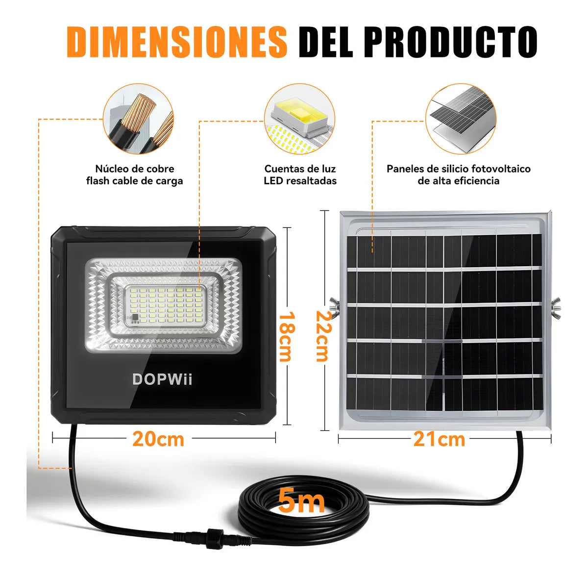 Reflector Solar Exterior LED Dopwii 8000mAh Doble Panel 14W IP65 4 Modos Control Remoto
