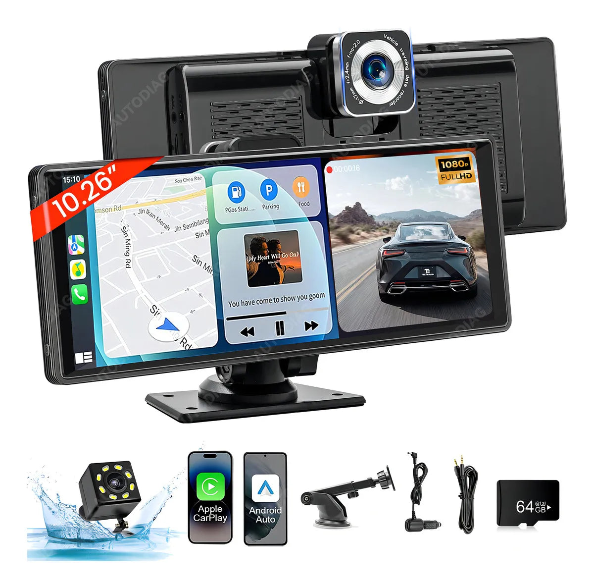 AUTODIAG® Estéreo Coche Portátil Dashcam Cameras, Mirror Link, Carplay