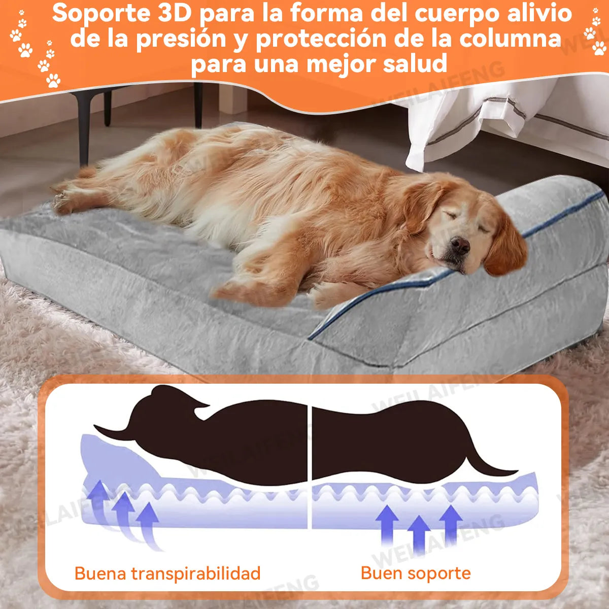 Cama Para Perros Grande Gris 100*60 Cm Espuma Viscoelástica