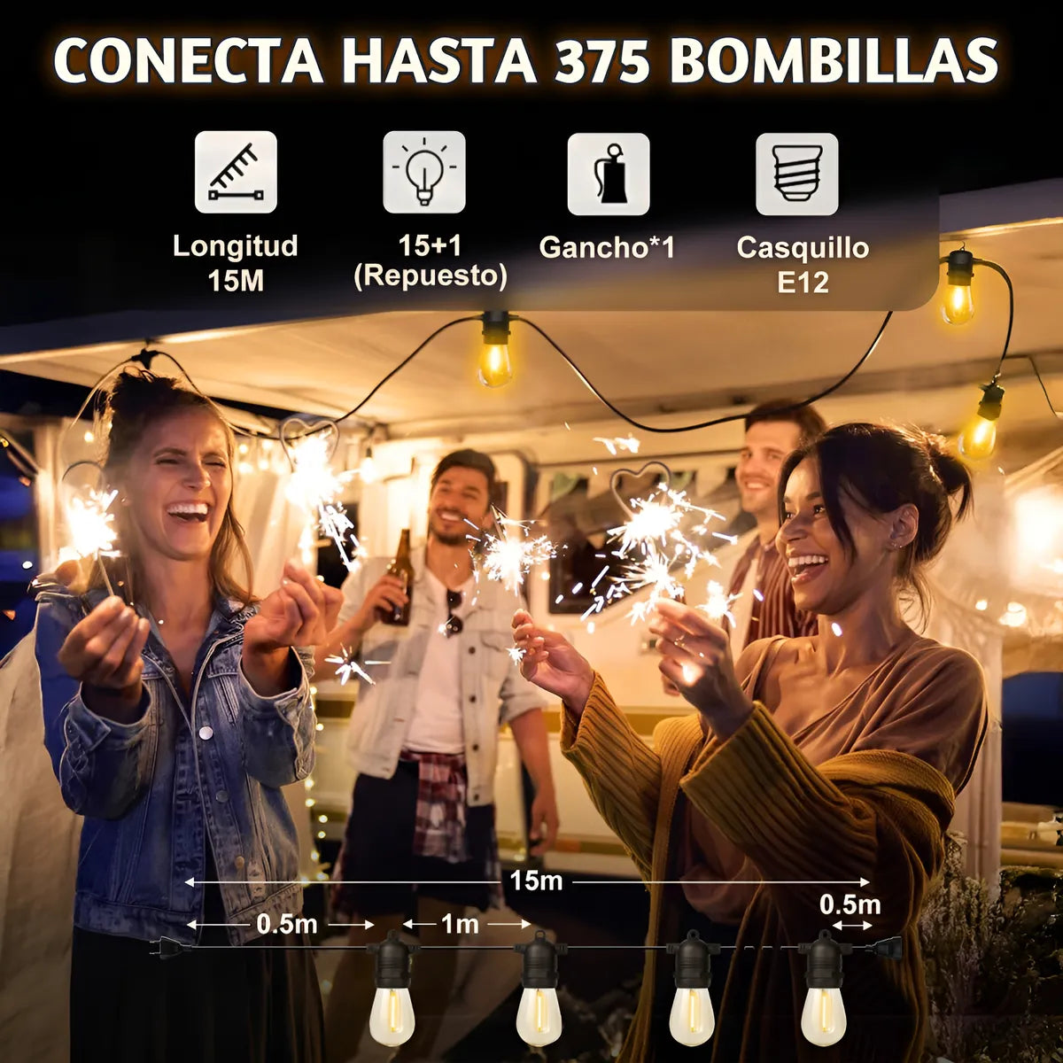 Dopwii Guirnalda De Luces Exterior 15m 15+1 Focos Led S14