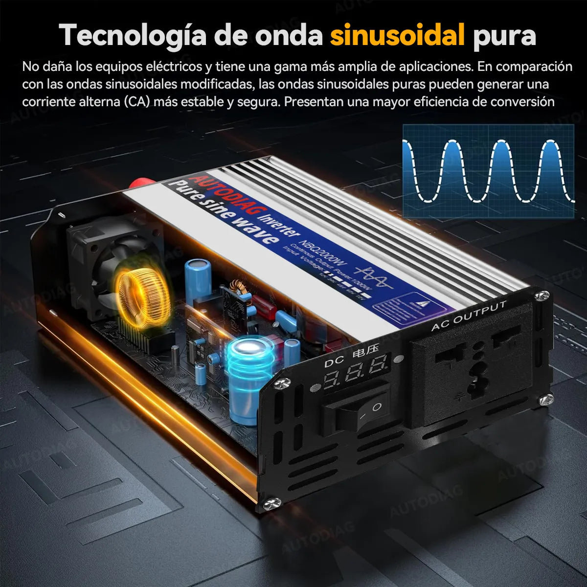 Autodiag Inversor De Onda Sinusoidal Pura Pure Power 2000w, múltiples protecciones, puertos AC pantalla digital, ideal para refrigeradores, computadoras y uso en casa o viajes