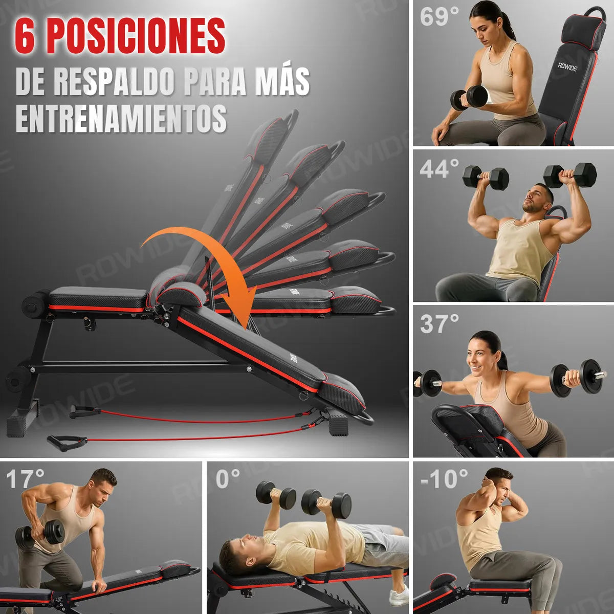 ROWIDE® Banco Pesas Multiposiciones Gym Ejercicio Ajustable Plegable,Banco para Ejercicio Gym Multiposiciones Carga 250 kg Casa Puede Ejercitar los Músculos del Pecho Hombros Brazos y piernas Gimnasio