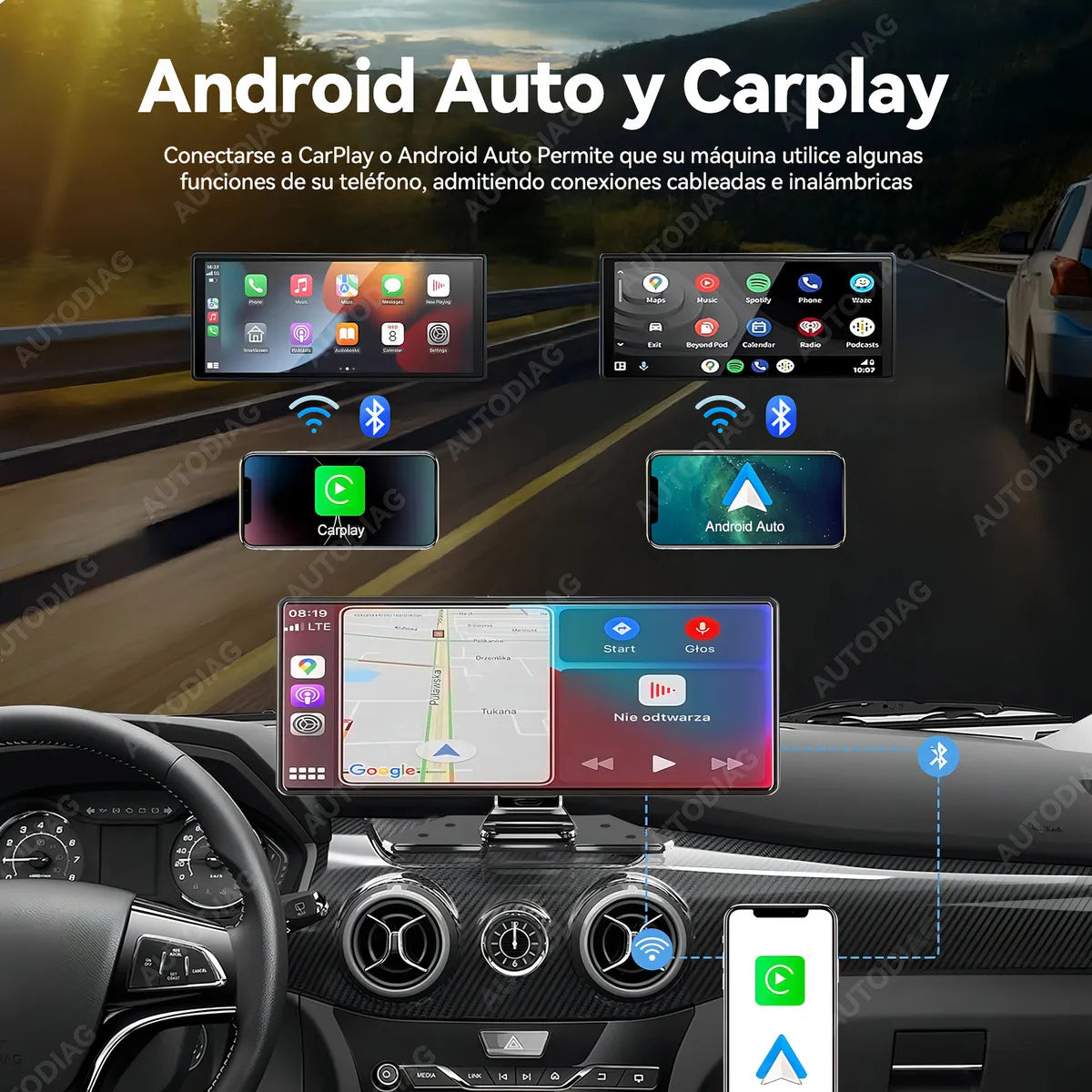 AUTODIAG® Estéreo Coche Portátil Dashcam Cameras, Mirror Link, Carplay