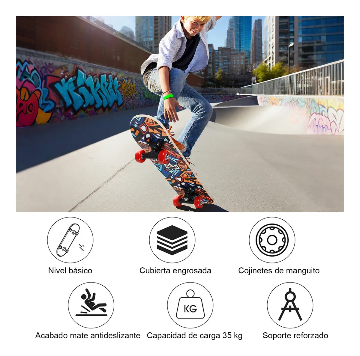 Patineta Skate Vistosa 60cm Estampada Para Niños Madera