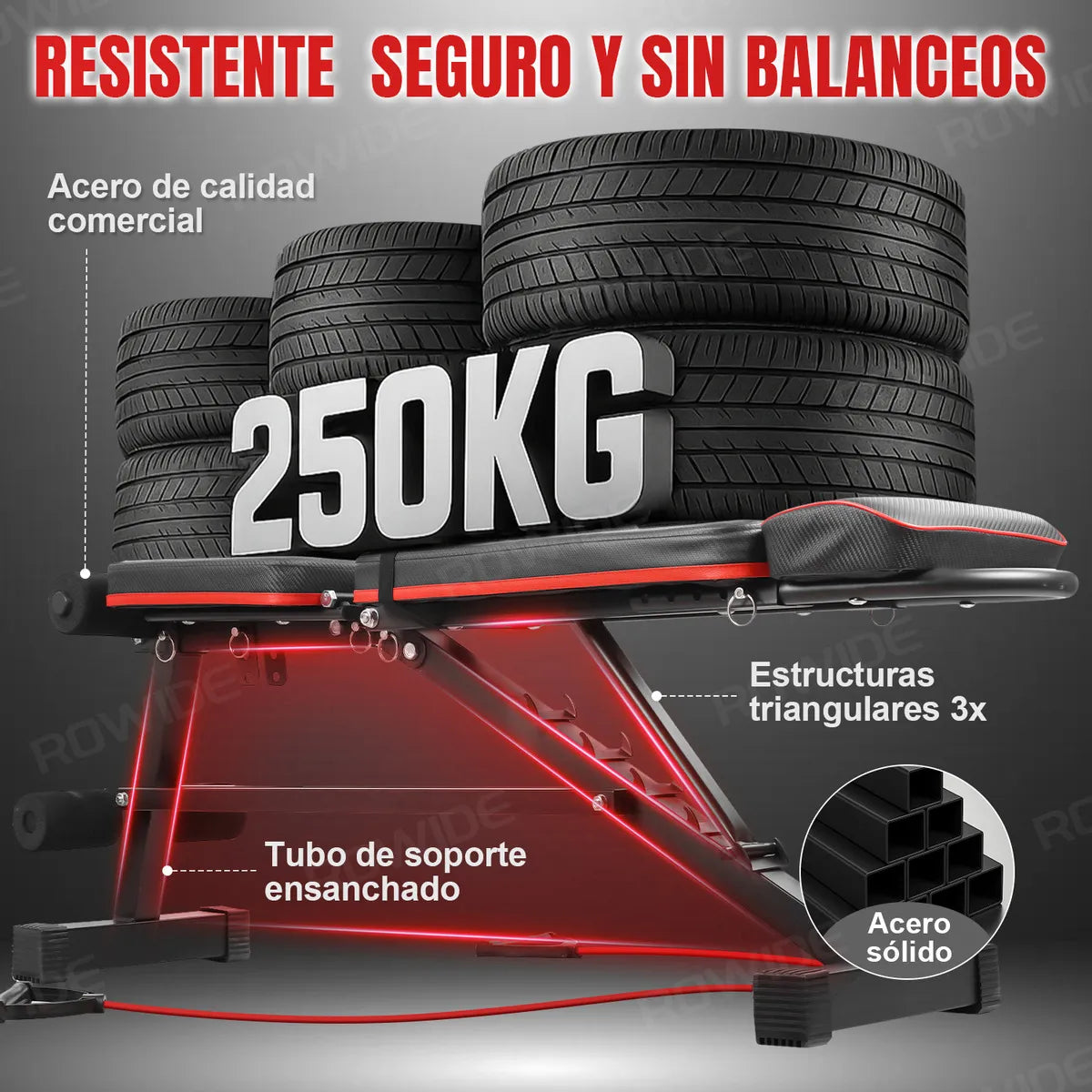 ROWIDE® Banco Pesas Multiposiciones Gym Ejercicio Ajustable Plegable,Banco para Ejercicio Gym Multiposiciones Carga 250 kg Casa Puede Ejercitar los Músculos del Pecho Hombros Brazos y piernas Gimnasio